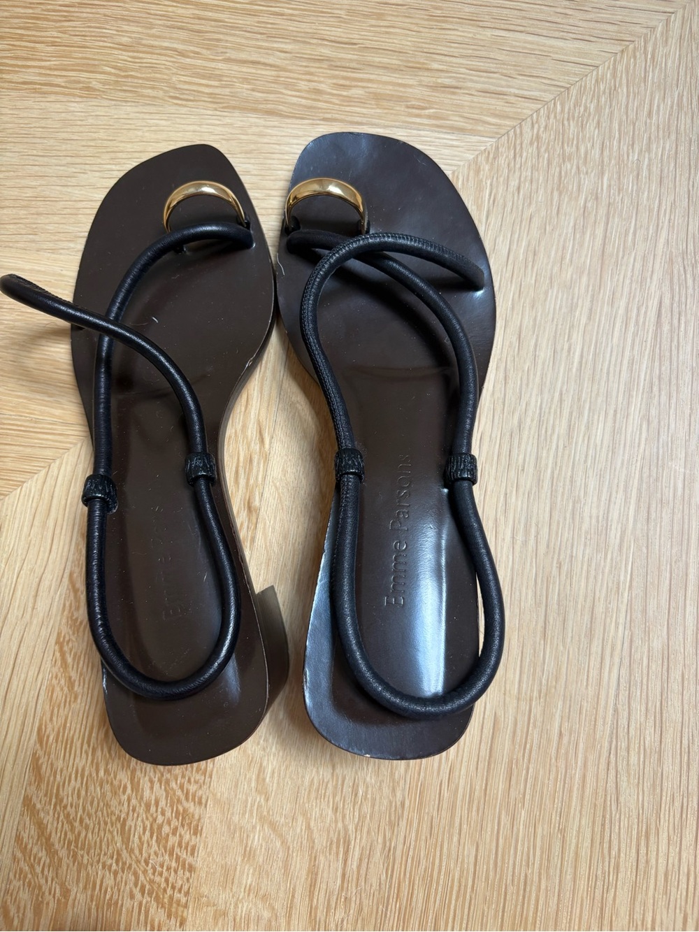 Emme Parsons Black Strappy Mid-Heel Sandals with Gold Toe Accent - Picture 3 of 4